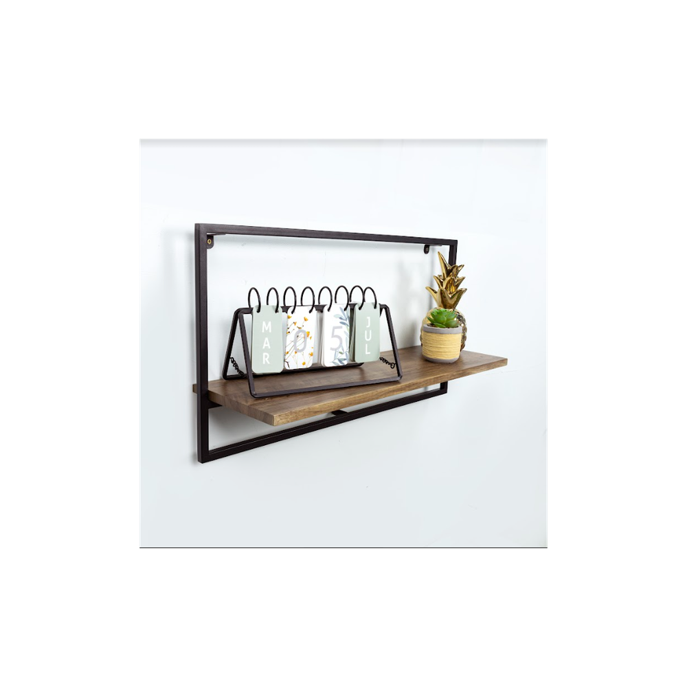 Wide Dark OAK Floating Wall Shelf with Black Frame - PARGI